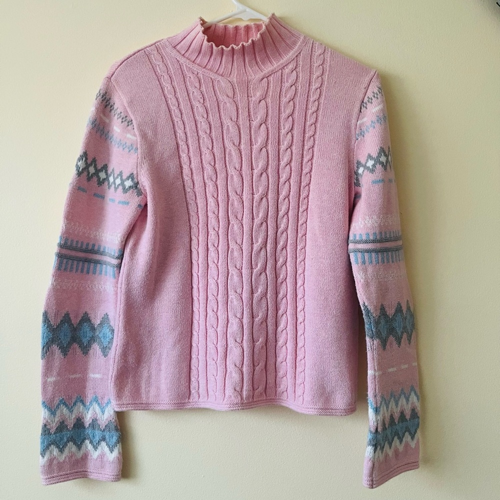 Vintage Pendleton pink fair isle chunky cotton cable knit mock turtleneck small